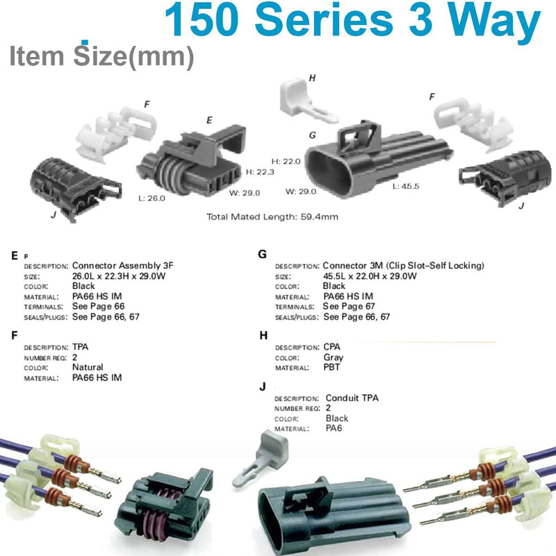 (2-Pack) 3-Pin Metri-Pack 150 Series 3-Way 16V & 14amps Connector w/20 22 AWG Sealed