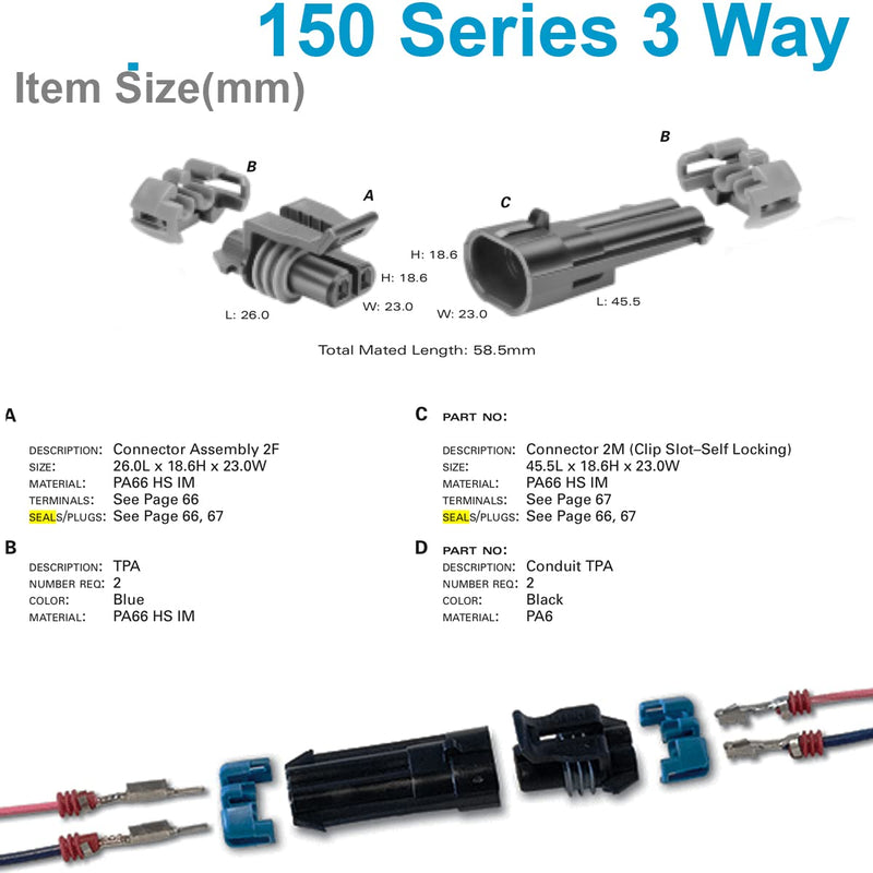 (2-Pack) 2-Pin Metri-Pack 150 Series 2-Way 16V & 14amps Connector w/20 22 AWG Sealed