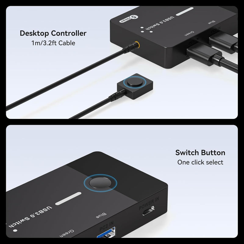 USB 3.0 Switch 2 Computers Keyboard Mouse Switcher USB A Hub Switches Selector for 2 PC or Laptop Share 3 USB A Ports and 1 USB C Port with Extended Controller Deep Black