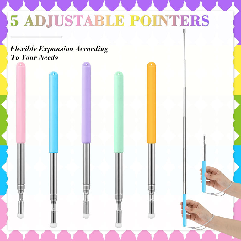 5 Sets Telescopic Teachers Pointer for School Teaching Colorful Retractable Pointer Stick with Soft Grip Handles for Elementary Kindergarten Classroom Office Back to School Supplies
