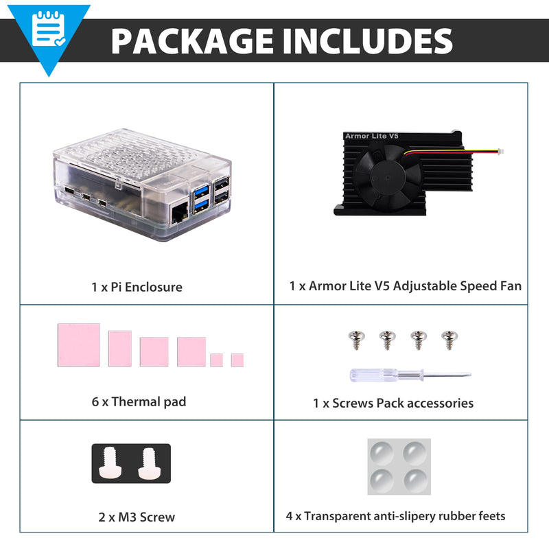GeeekPi ABS Case with Armor Lite V5 Active Cooler for Raspberry Pi 5, Pi 5 Case with Aluminum Heatsink & Cooling Fan for Raspberry Pi 5 (Clear) Clear