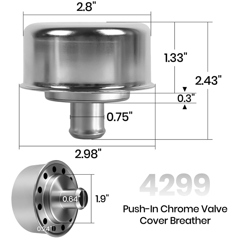 (2-Pack) Calvana 3/4" Push-In Chrome Valve Cover Breather with Grommet - Compatible with Spectre 4299, Steel Construction for Superior Ventilation, Prevents Oil Splash, Easy Installation