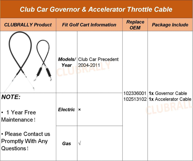 Club Car Precedent Gas Golf Cart Governor & Accelerator Throttle Cable Snap in Kawasaki FE290/FE350 2004-2011, OEM#102336001, 102513102
