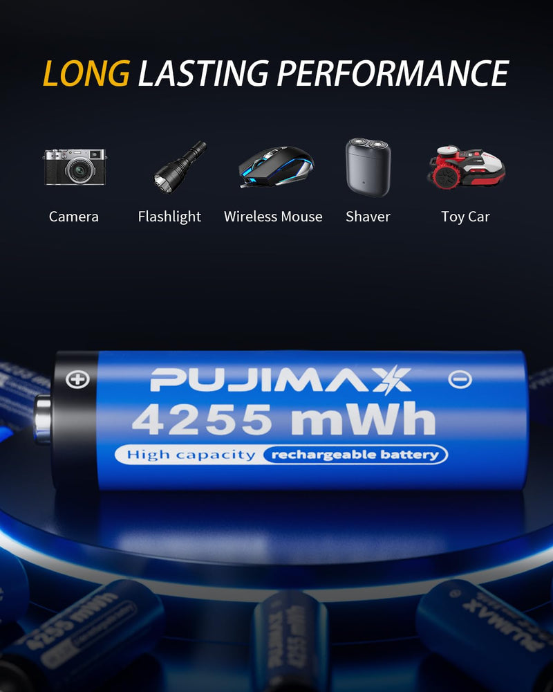 PUJIMAX 4255mWh Rechargeable AA Batteries Lithium with USB C Fast Charger 1.5V Constant Output and Double A Batteries with 2000+ Cycles for Flashlights, Remote Controls, Blink doorbell Cameras,8 Pack 4255mWh 8 AA