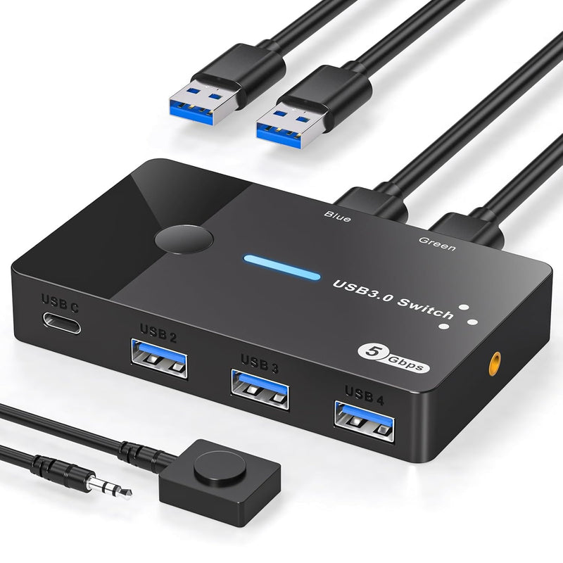 USB 3.0 Switch 2 Computers Keyboard Mouse Switcher USB A Hub Switches Selector for 2 PC or Laptop Share 3 USB A Ports and 1 USB C Port with Extended Controller Deep Black