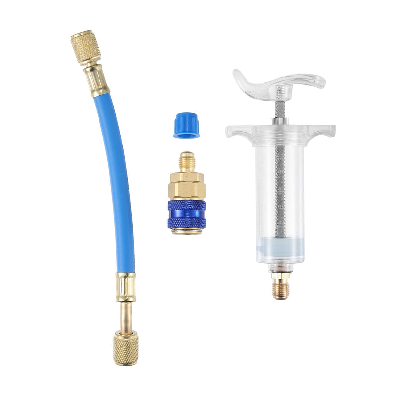 X AUTOHAUX Oil and Dye Injectors Kit 30ml/1 Oz Hand Push Compressor Manual AC Oil Dye Injector with Quick Coupler 1/4 SAE Connector Car HVAC Compressor Oil Dye Injector Refrigerant Tool