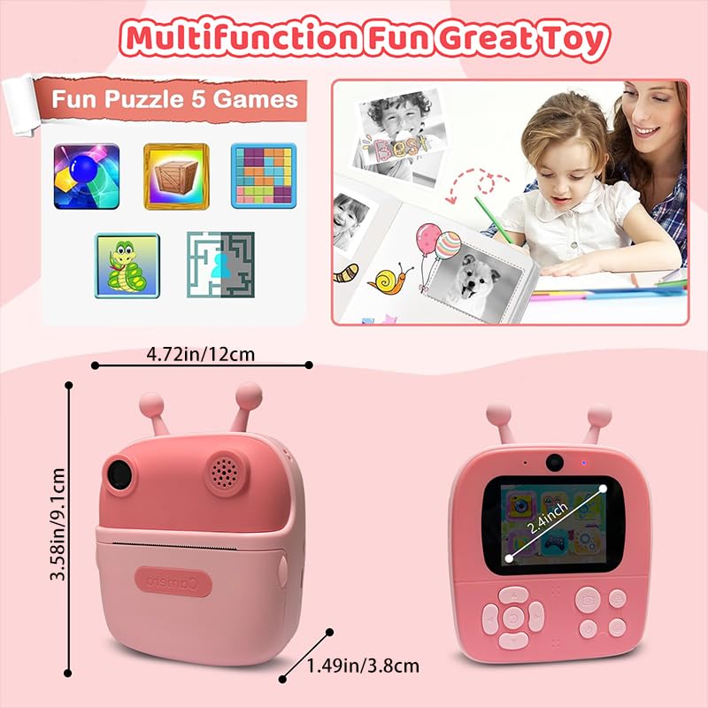 Kids Camera Instant Print,Christmas Birthday Gift for Kids 3-12 Years Old,12MP 1080P Digital Polaroid with Silicone Case,Instant Digital Camera Print 2.4 Inch Screen,Camera for Girls Toys
