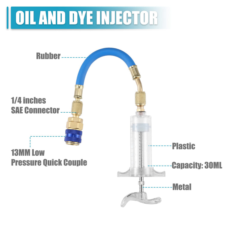 X AUTOHAUX Oil and Dye Injectors Kit 30ml/1 Oz Hand Push Compressor Manual AC Oil Dye Injector with Quick Coupler 1/4 SAE Connector Car HVAC Compressor Oil Dye Injector Refrigerant Tool