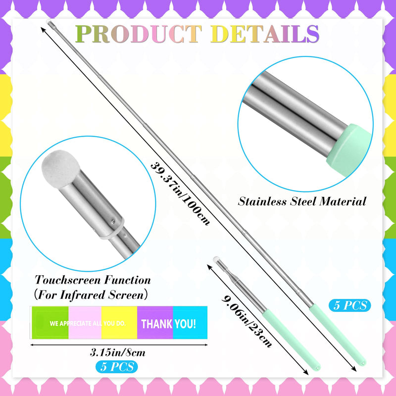 5 Sets Telescopic Teachers Pointer for School Teaching Colorful Retractable Pointer Stick with Soft Grip Handles for Elementary Kindergarten Classroom Office Back to School Supplies