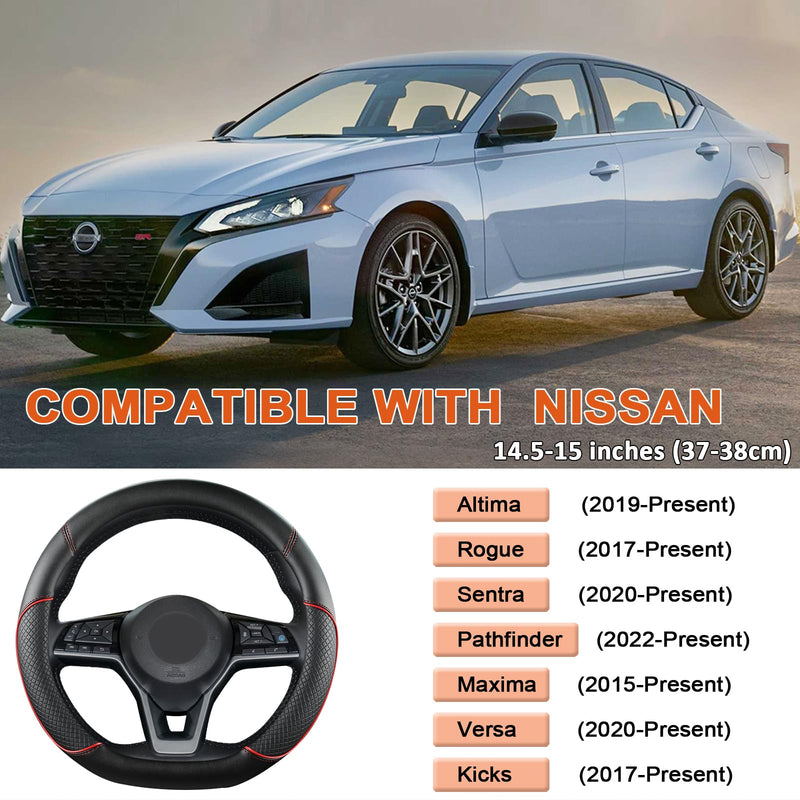 GIANT PANDA D Shape Steering Wheel Cover for Nissan Rogue Kicks - Auto Car Steering Wheel Cover Customized for Nissan Altima Sentra(Black+Red Line-D-Shaped) D-Shaped Black+Red Line