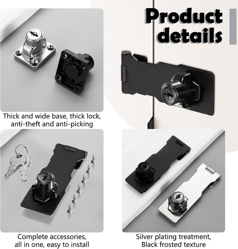 2 Packs Keyed Hasp Locks Twist Knob Keyed Locking Hasp for Small Doors, Cabinets and More,Stainless Steel Steel, Hasp Lock Catch Latch Safety Lock Door Lock with Keys (4inch, Bliack) 4inch