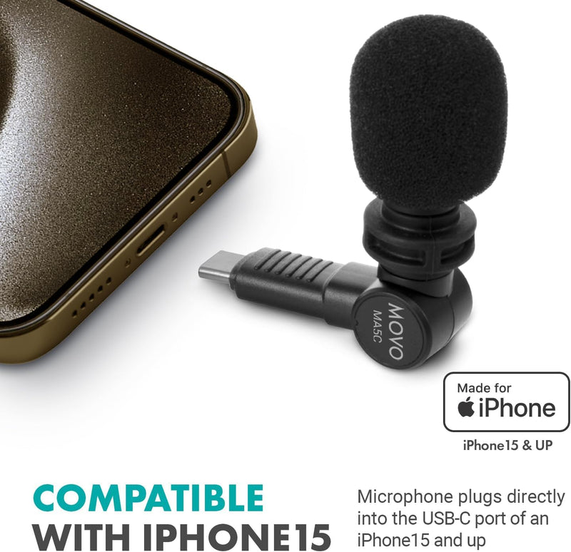 Movo External USB-C Microphone for iPhone 15 - Mic for iPhone 15, USB-C Devices - Portable Condenser Shotgun Mic for Video Recording, Voiceover, Interview, Travel, Vlogging, YouTube (Latest Version)