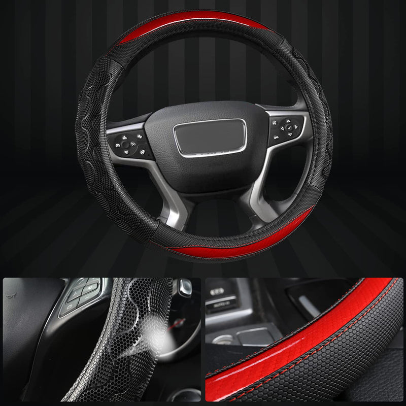 GIANT PANDA Steering Wheel Cover for GMC Sierra Acadia Terrain Yukon(3D Honeycomb-Red-Standard Size) Standard size (14.5''-15'') 3D Honeycomb-Red