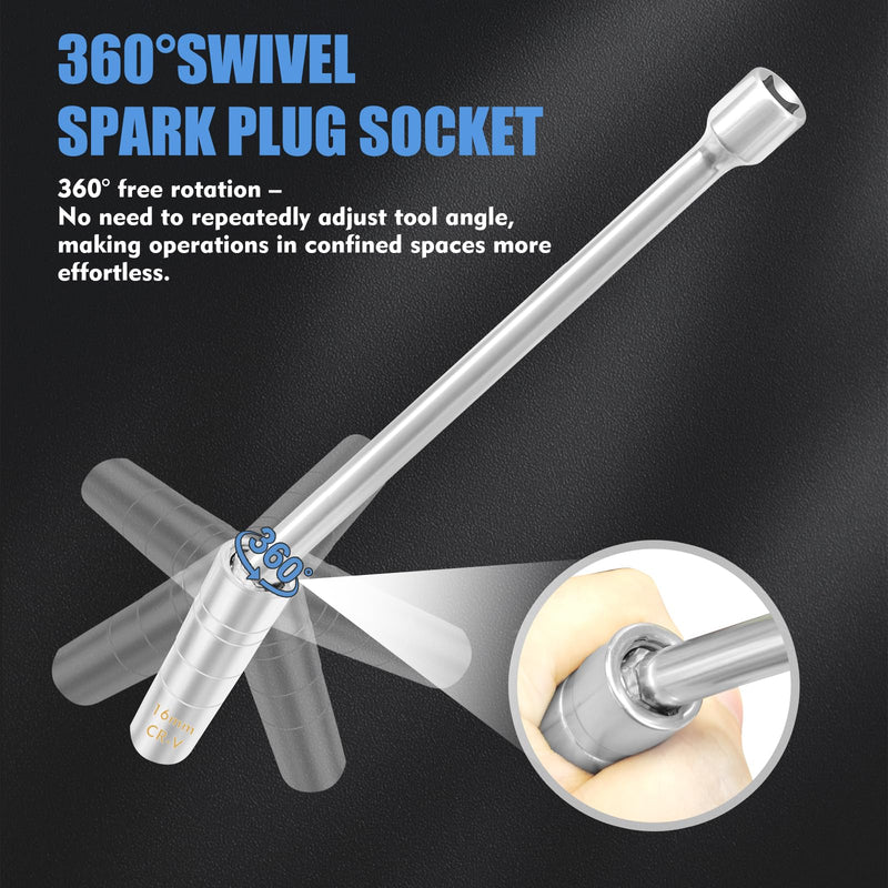 (16mm) 5/8" Swivel Magnetic Spark Plug Socket – 3/8" Drive Thin Wall 12-Point CR-V Steel Spark Plug Removal Tool for BMW & Most Cars – Extra Long 10" Extension Socket