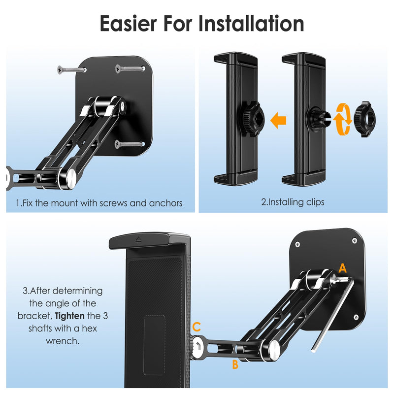 Tablet Wall Mount Holder, Aluminium Extendable iPad Wall Holder, with 360°Rotating Base Adjustable and Foldable for iPad Pro Air Mini, Samsung Galaxy Tab, All 4.7-12.9" Phones and Tablets