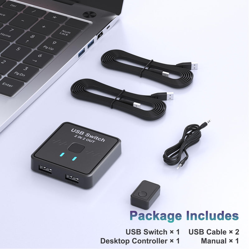 USB Switch 2 in 2 Out, USB Switcher 2 Computers Sharing Keyboard and Mouse Printer Scanner Webcam, Printer Splitter for 2 Computers, 2 Port USB Selector with 2 USB Cables and External Controller Black Old