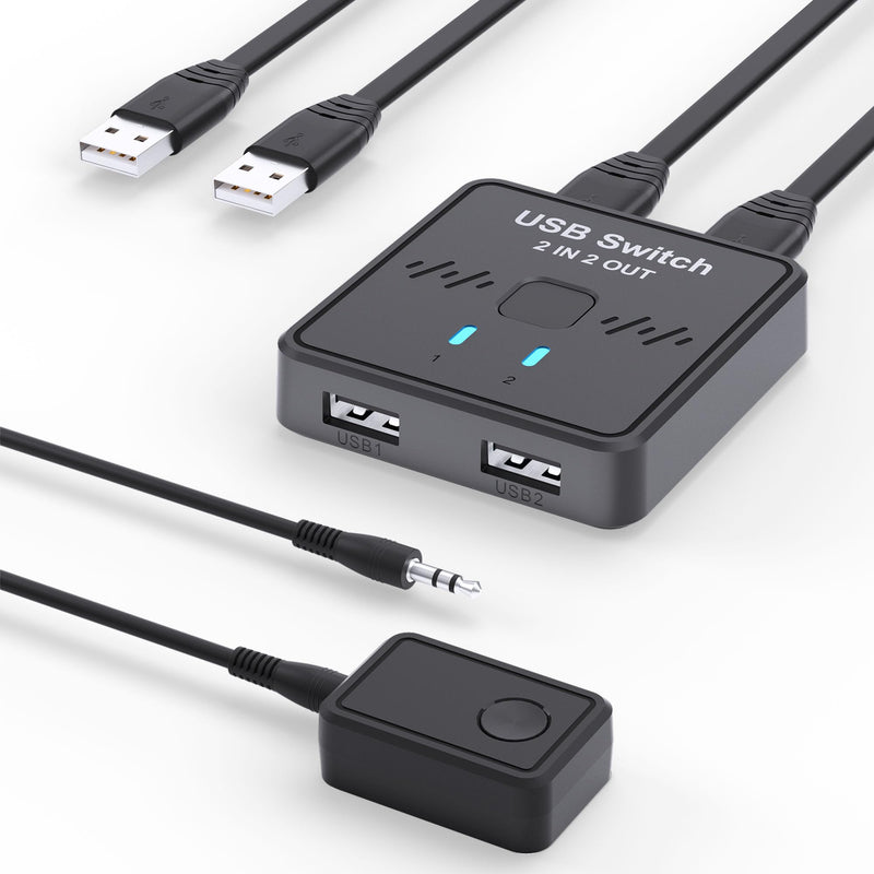 USB Switch 2 in 2 Out, USB Switcher 2 Computers Sharing Keyboard and Mouse Printer Scanner Webcam, Printer Splitter for 2 Computers, 2 Port USB Selector with 2 USB Cables and External Controller Black Old
