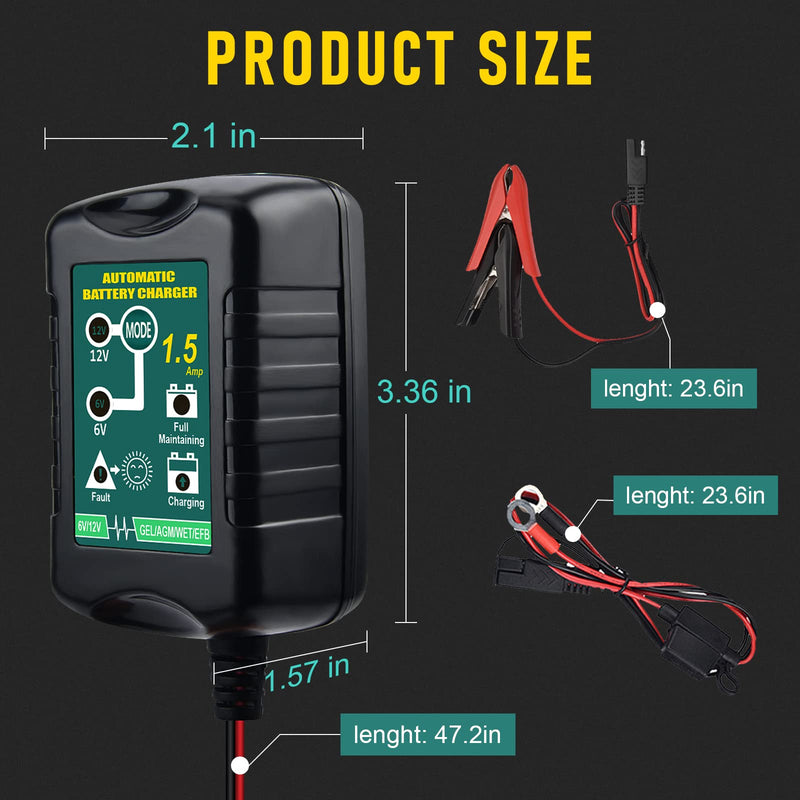 Battery Charger Automatic 6V 12V 1.5A, Trickle Charger Suitable for AGM Gel SLA VRLA Flood Lead-Acid Batteries, Starting Batteries for Auto Car Motorcycle, Dual Voltage Output Detection and Repair