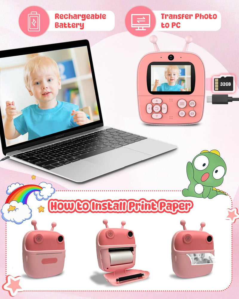Kids Camera Instant Print,Christmas Birthday Gift for Kids 3-12 Years Old,12MP 1080P Digital Polaroid with Silicone Case,Instant Digital Camera Print 2.4 Inch Screen,Camera for Girls Toys