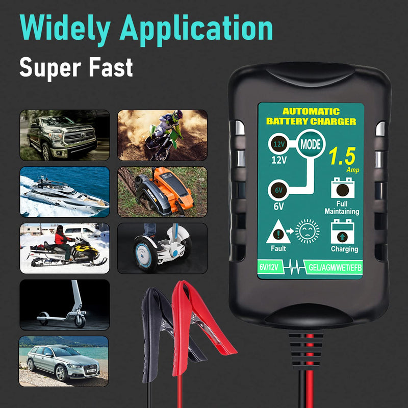 Battery Charger Automatic 6V 12V 1.5A, Trickle Charger Suitable for AGM Gel SLA VRLA Flood Lead-Acid Batteries, Starting Batteries for Auto Car Motorcycle, Dual Voltage Output Detection and Repair