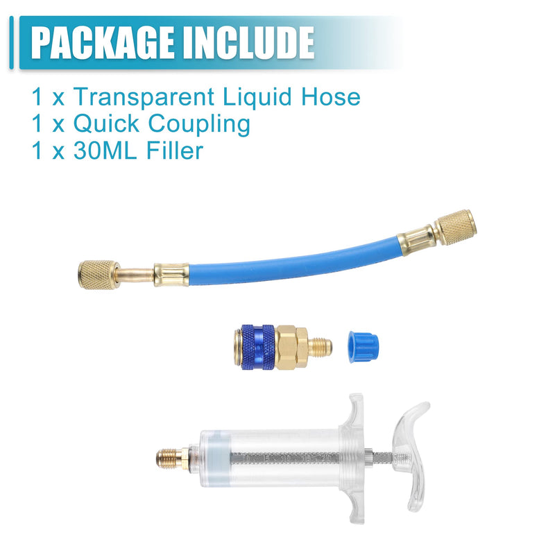 X AUTOHAUX Oil and Dye Injectors Kit 30ml/1 Oz Hand Push Compressor Manual AC Oil Dye Injector with Quick Coupler 1/4 SAE Connector Car HVAC Compressor Oil Dye Injector Refrigerant Tool