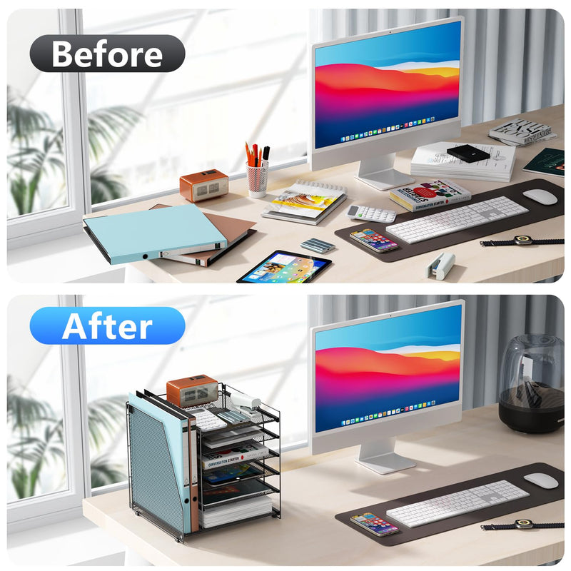 gianotter Dual Monitor Stand Riser + 6-Tier Paper Organizer (Black)