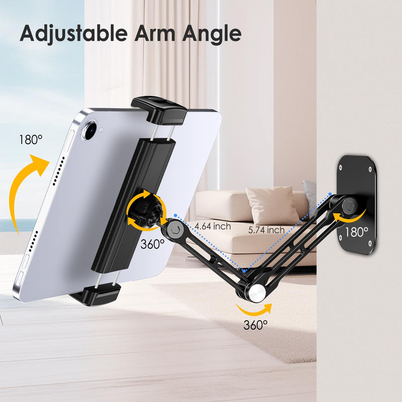Tablet Wall Mount Holder, Aluminium Extendable iPad Wall Holder, with 360°Rotating Base Adjustable and Foldable for iPad Pro Air Mini, Samsung Galaxy Tab, All 4.7-12.9" Phones and Tablets