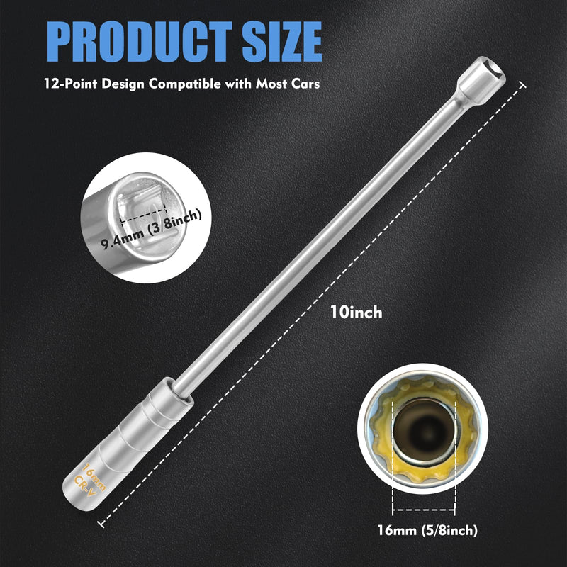 (16mm) 5/8" Swivel Magnetic Spark Plug Socket – 3/8" Drive Thin Wall 12-Point CR-V Steel Spark Plug Removal Tool for BMW & Most Cars – Extra Long 10" Extension Socket