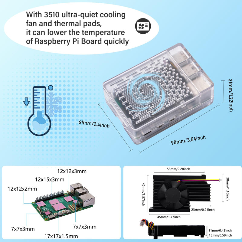 GeeekPi ABS Case with Armor Lite V5 Active Cooler for Raspberry Pi 5, Pi 5 Case with Aluminum Heatsink & Cooling Fan for Raspberry Pi 5 (Clear) Clear