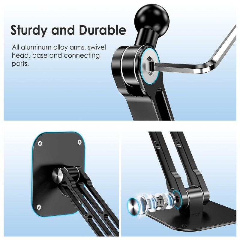 Tablet Wall Mount Holder, Aluminium Extendable iPad Wall Holder, with 360°Rotating Base Adjustable and Foldable for iPad Pro Air Mini, Samsung Galaxy Tab, All 4.7-12.9" Phones and Tablets