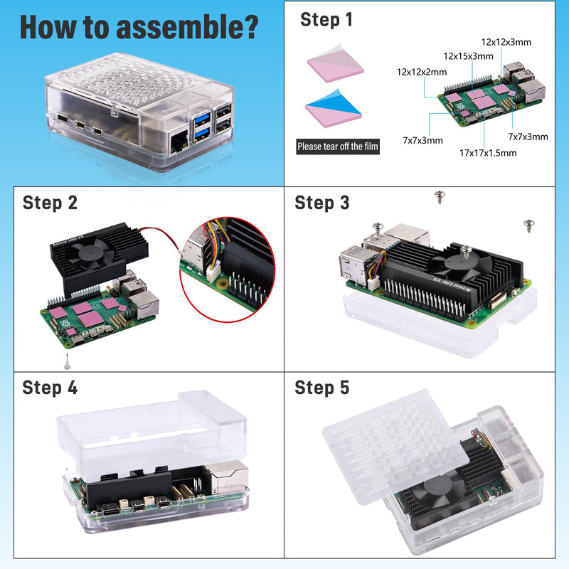 GeeekPi ABS Case with Armor Lite V5 Active Cooler for Raspberry Pi 5, Pi 5 Case with Aluminum Heatsink & Cooling Fan for Raspberry Pi 5 (Clear) Clear