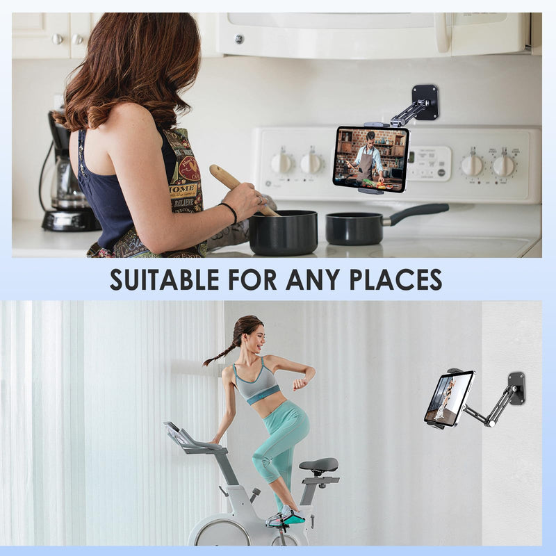 Tablet Wall Mount Holder, Aluminium Extendable iPad Wall Holder, with 360°Rotating Base Adjustable and Foldable for iPad Pro Air Mini, Samsung Galaxy Tab, All 4.7-12.9" Phones and Tablets