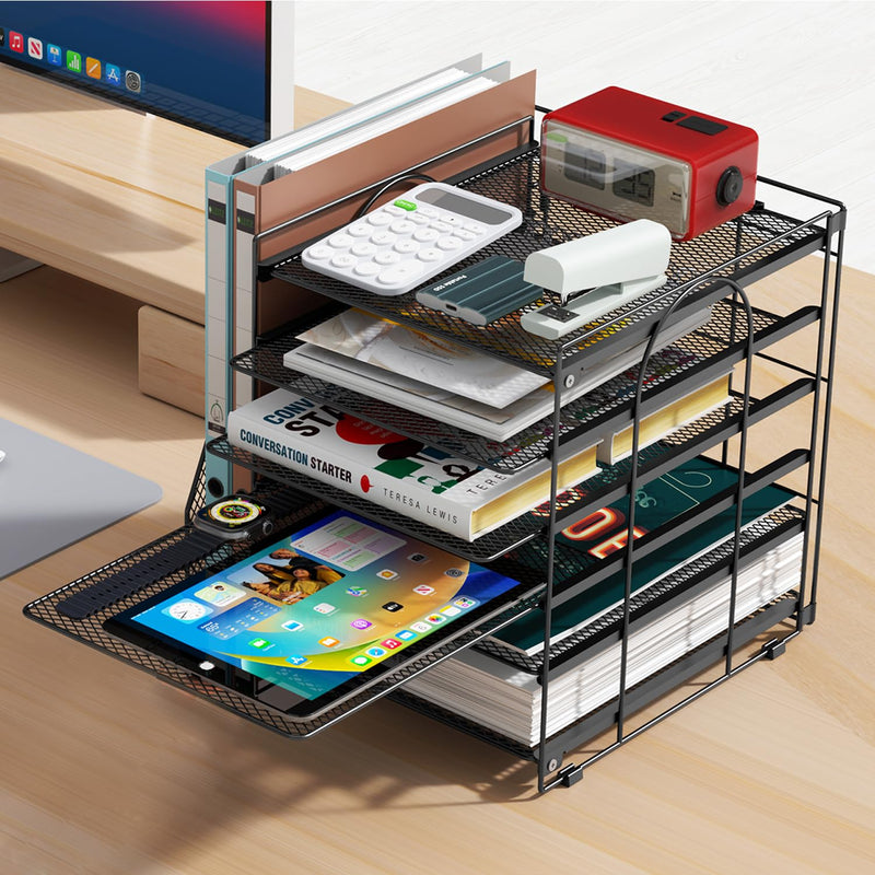 gianotter Dual Monitor Stand Riser + 6-Tier Paper Organizer (Black)