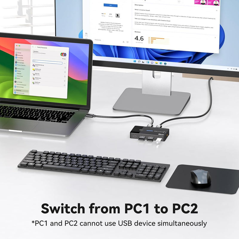 USB 3.0 Switch 2 Computers Keyboard Mouse Switcher USB A Hub Switches Selector for 2 PC or Laptop Share 3 USB A Ports and 1 USB C Port with Extended Controller Deep Black