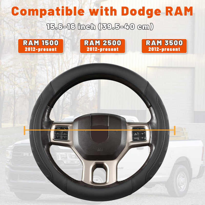 GIANT PANDA Car Steering Wheel Cover for RAM 1500 2500 3500, Compatible with Dodge RAM 15.5-16 inches - Black Large size (15.5''-16'') A-Black