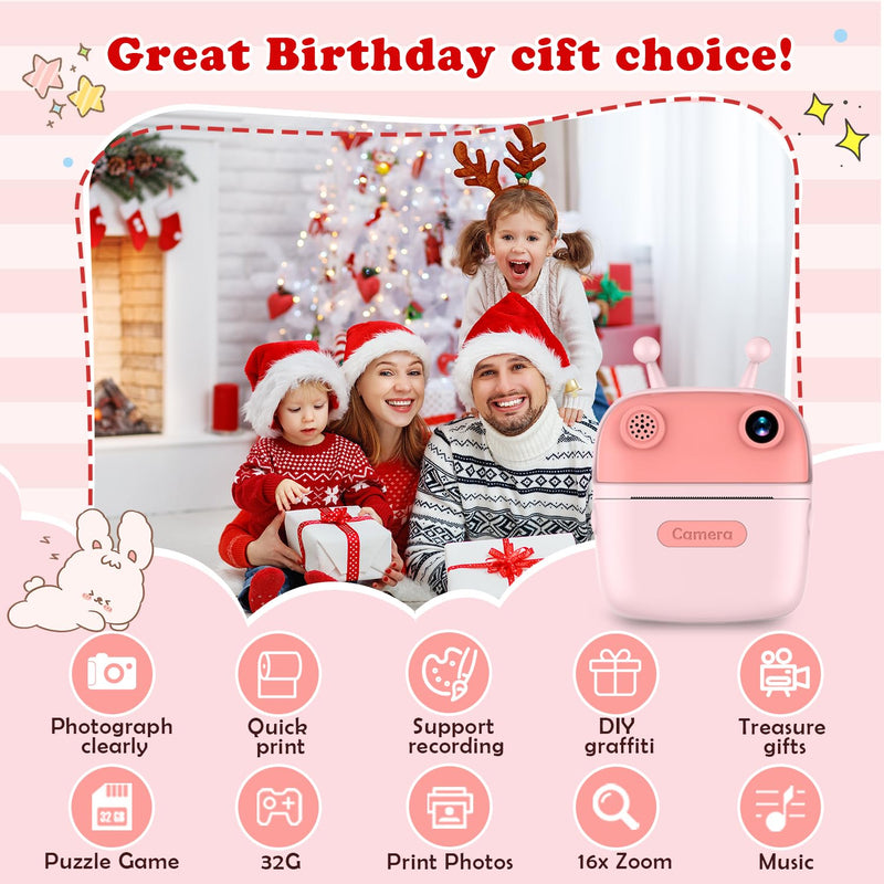Kids Camera Instant Print,Christmas Birthday Gift for Kids 3-12 Years Old,12MP 1080P Digital Polaroid with Silicone Case,Instant Digital Camera Print 2.4 Inch Screen,Camera for Girls Toys