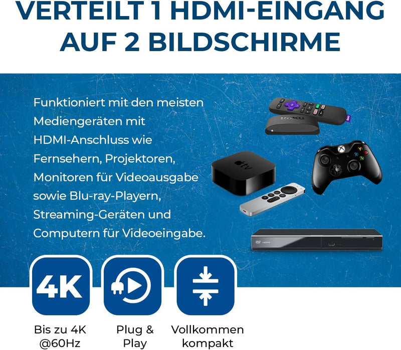 OREI UltraHD 4K @ 60 Hz 1 X 2 HDMI Splitter 1 in 2 Out 2 Port 2: 8-Bit - HDMI 2.0, HDCP 2.0, 18 Gbps, EDID, Duplicate / Mirror 4K Screens - UHDS-102 1x2