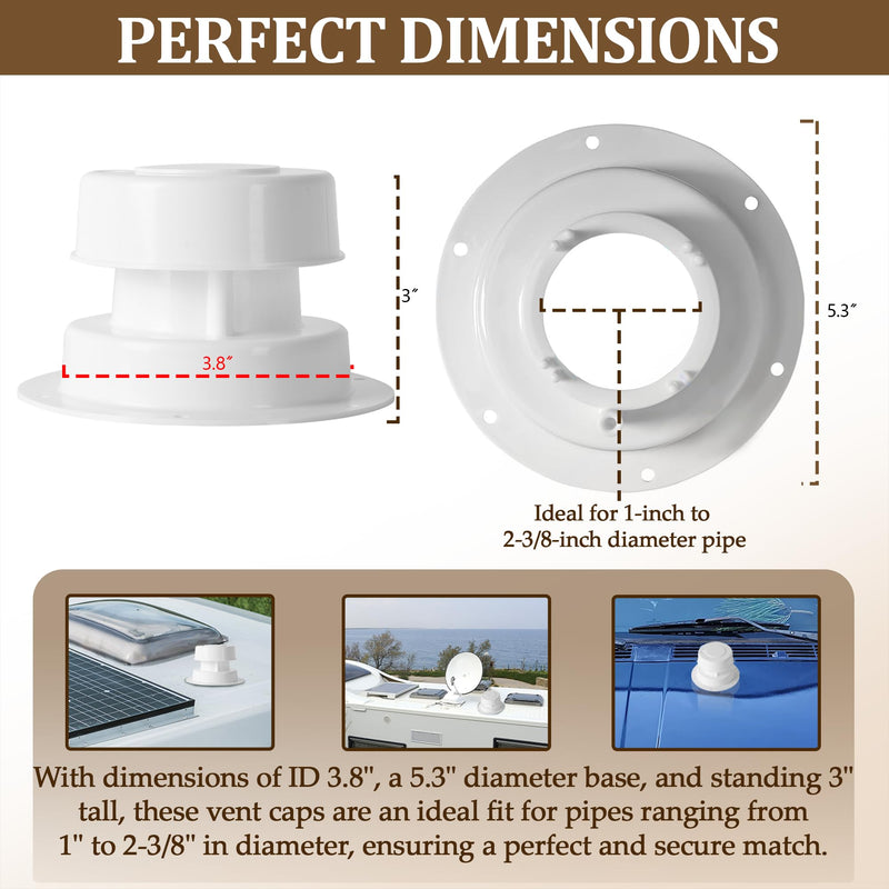 (2 Pack, White RV Roof Vent Cover Kits with Putty Tape and Screws, Camper Vents Cap for Trailer RV Roof Vent Cover Replacement, Camper Plumbing Vents Caps Kit for 1" to 2-3/8" OD Pipe 2 Pack-Plastic