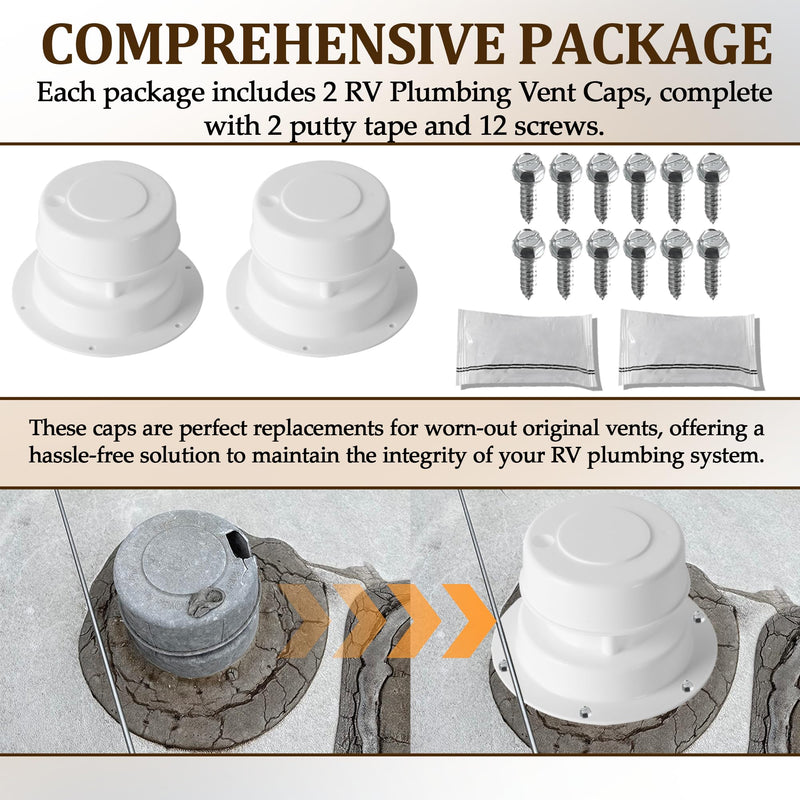 (2 Pack, White RV Roof Vent Cover Kits with Putty Tape and Screws, Camper Vents Cap for Trailer RV Roof Vent Cover Replacement, Camper Plumbing Vents Caps Kit for 1" to 2-3/8" OD Pipe 2 Pack-Plastic