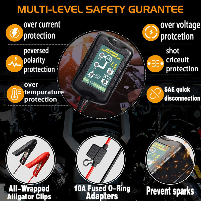 Battery Charger Automatic 6V 12V 1.5A, Trickle Charger Suitable for AGM Gel SLA VRLA Flood Lead-Acid Batteries, Starting Batteries for Auto Car Motorcycle, Dual Voltage Output Detection and Repair