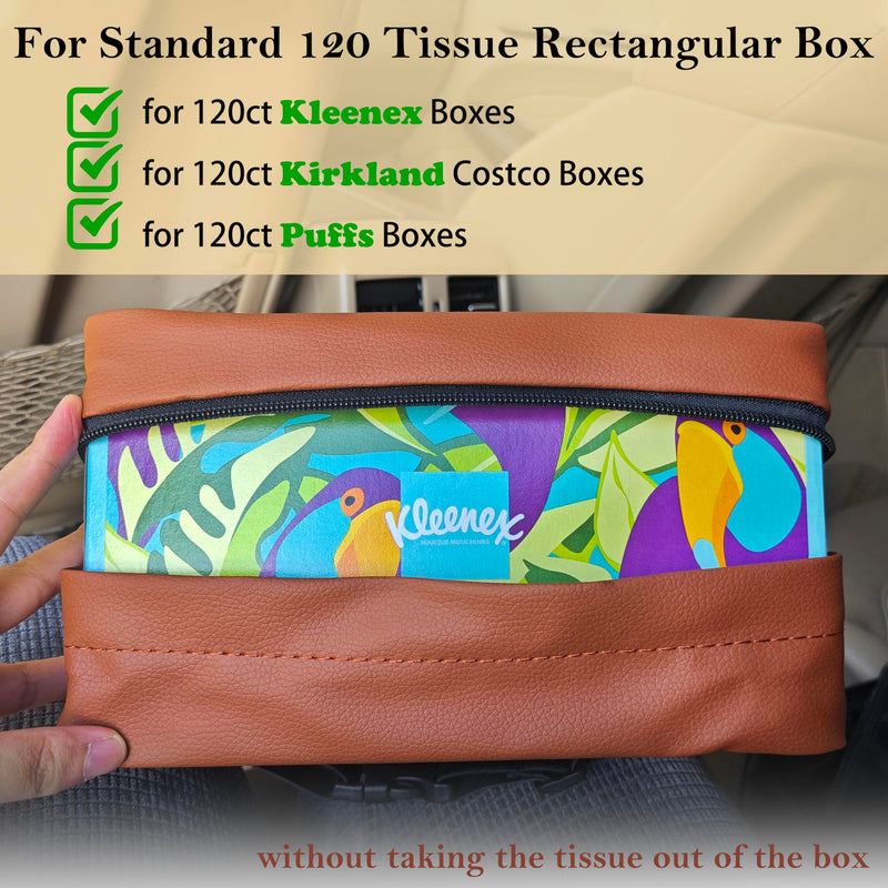 Car Tissue Holder for 120 Standard Tissue,Leather PU Tissues Box Cover for Car Backseat,Extra Large Rectangle Napkin Holder Soft Rectangular,Fits for Kleenex tissues,for Storage& Organization (Brown) Brown