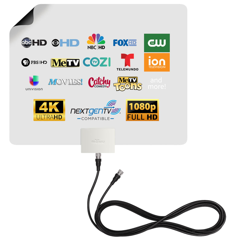 Mohu Leaf Plus Paper-Thin Indoor TV Antenna, Amplified, UHF VHF, 60-Mile Range, Multi-Directional, 4K 8K UHD, NEXTGEN TV - w/ 12 ft. Cable