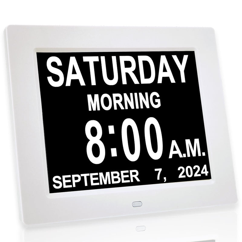 【New 2026】 Digital Calendar Alarm Day Clock - with 8" Large Screen Display, am pm, Multiple Alarms, for Impaired Vision People, The Aged Seniors, The Dementia, for Desk, Wall Mounted, White 8''