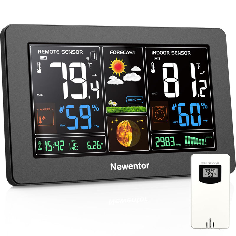 Newentor Weather Station Wireless Indoor Outdoor Thermometer, Color Display Digital Weather Thermometer with Atomic Clock, Barometric Pressure, Forecast Station with Adjustable Backlight, Black Black with 1 sensor
