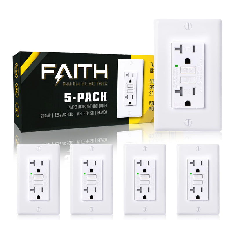 20A GFCI Outlets, ETL Listed, Tamper-Resistant GFI Duplex Receptacles with LED Indicator, Self-Test Ground Fault Circuit Interrupter with Wall Plate, White, 5 Piece 5 Pack Indoor