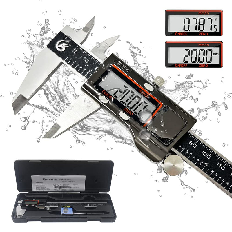KETOTEK Digital Caliper Measuring Tool, IP54 Waterproof Stainless Steel Electronic Vernier Caliper 6 Inch/150mm Digital Micrometer with Large LCD Screen Black