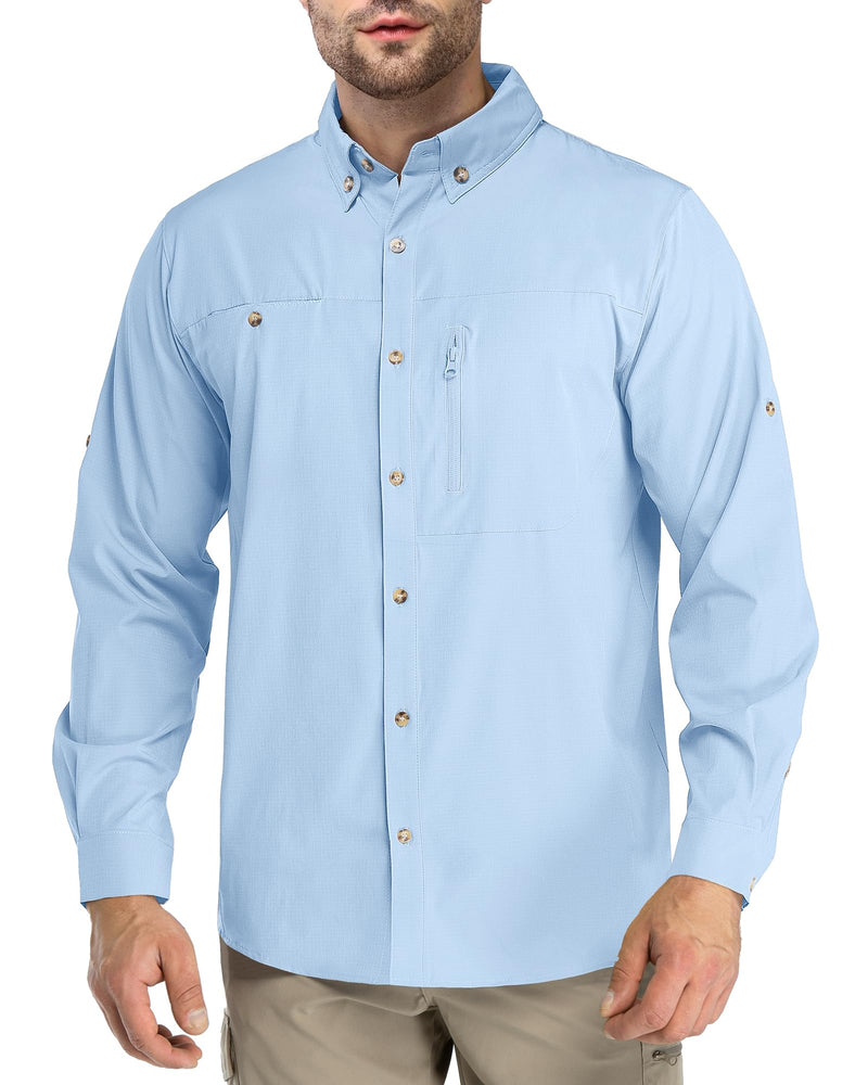 Outdoor Ventures Men's Long Sleeve Hiking Shirt UPF 50 UV Sun Protection Shirt Cooling Quick Dry for Travel Fishing Safari Large Light Blue