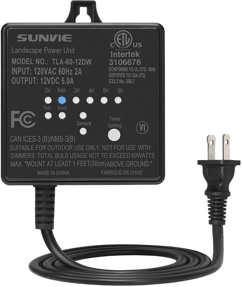 SUNVIE Low Voltage Transformer 60W Landscape Lighting Transformer with Timer and Photocell Sensor 120V AC to 12V DC Waterproof for Outdoor LED Spotlights Garden Pathway Landscape Lights, ETL Listed