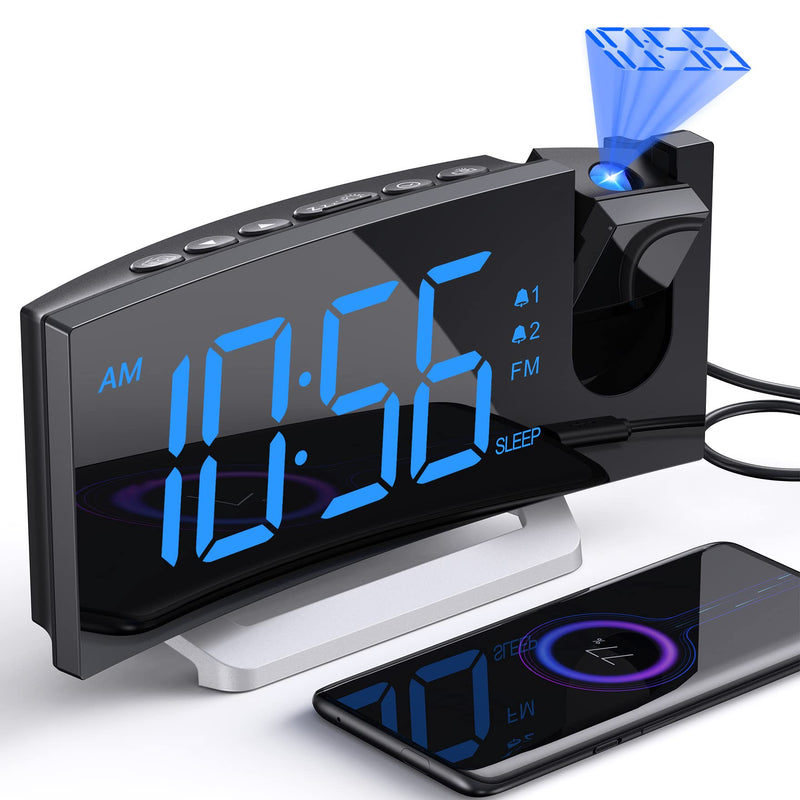 Projection Alarm Clock with FM Radio, USB Charging Port, 0-100% Dimmer, Dual Alarms, HD LED Display, 30 Preset Stations, Sleep Timer, 5 Alarm Sounds, Snooze, Curved Screen, Digital Clock for Bedroom Blue