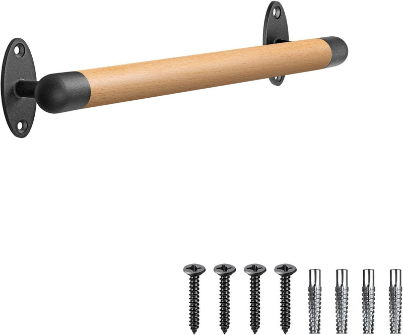 SELEWARE 16 Inch Wood Handrail Indoor Stairs Handrail Wall Mount Handrail w/Sturdy Metal Barckets, Barrier-Free Staircase Grab Bar for Elderly, 1.3 Inch Round A: 16" (Wood Handle+Black Metal Brackets)
